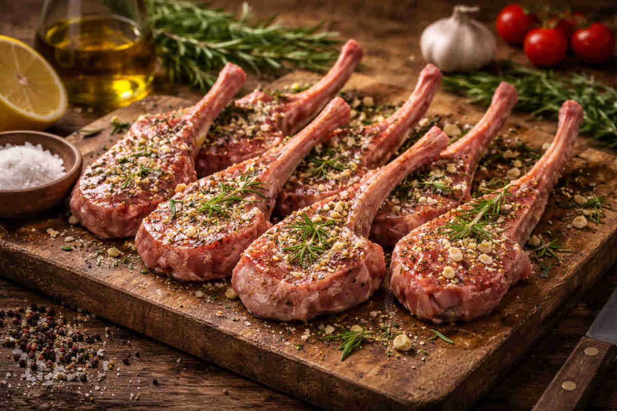 Costolette di agnello marinate su tagliere di legno