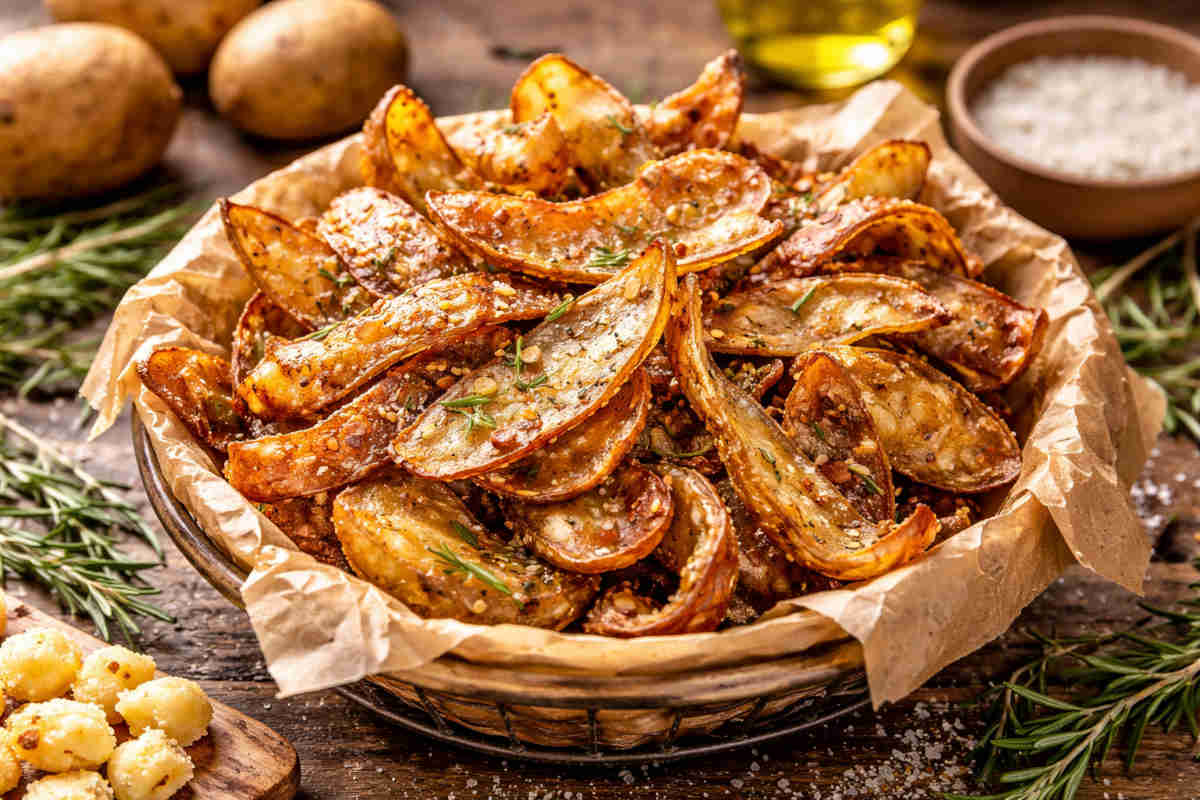 Bucce patate snack in un cestino su tavolo di legno