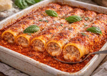 Pirofila da forno con dei cannelloni di carne al sugo appena sfornati