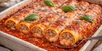 Pirofila da forno con dei cannelloni di carne al sugo appena sfornati