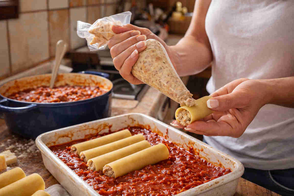 Donna in una cucina rustica che prepara dei cannelloni di carne con ragù