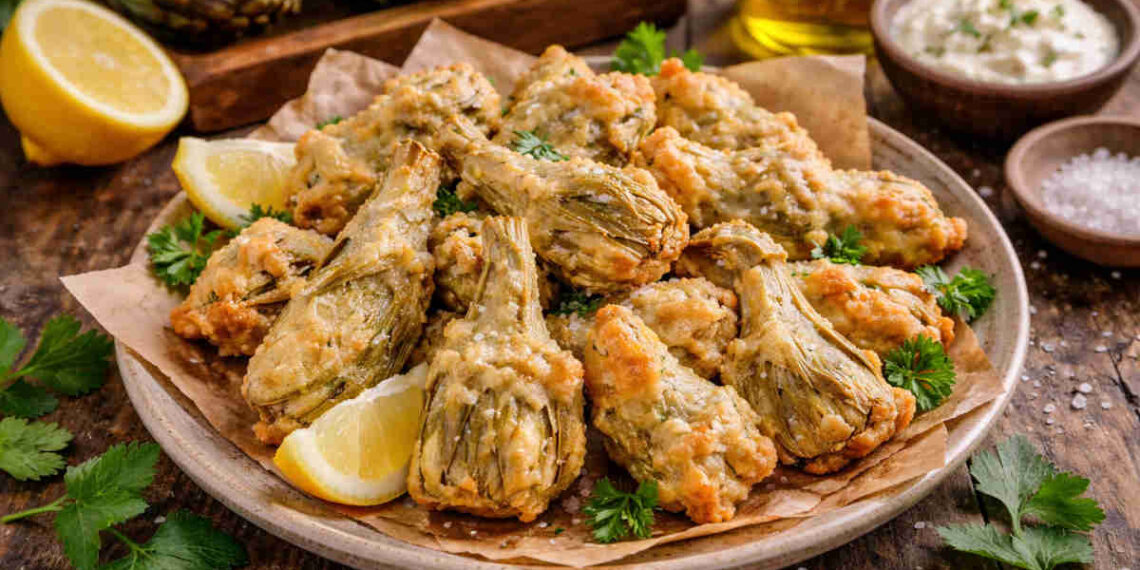 Piatto da portata su tavolo di legno con sopra dei carciofi fritti in pastella