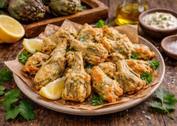 Piatto da portata su tavolo di legno con sopra dei carciofi fritti in pastella