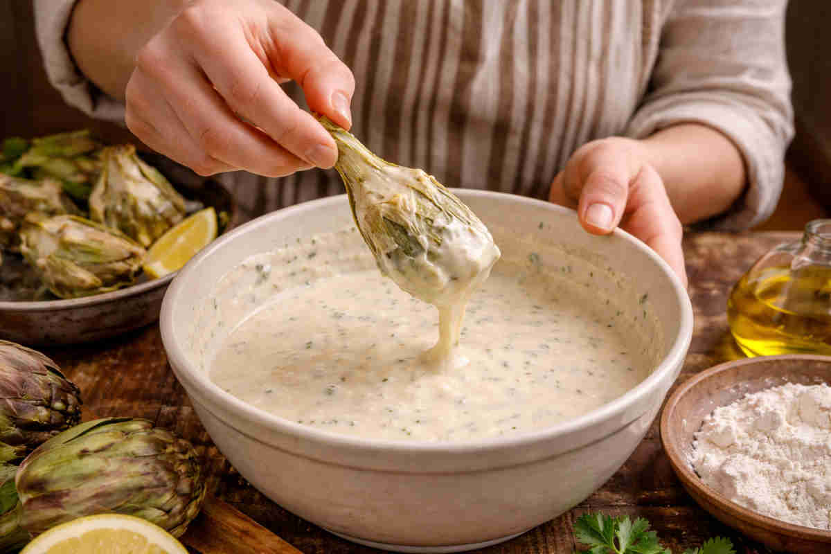 Donna che intinge i carciofi nella pastella per farli fritti
