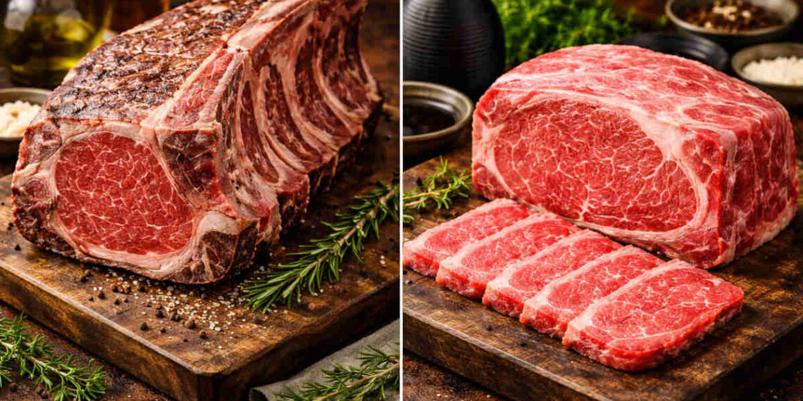 Carni di lusso su tavolo con denaro e calice di vino rosso