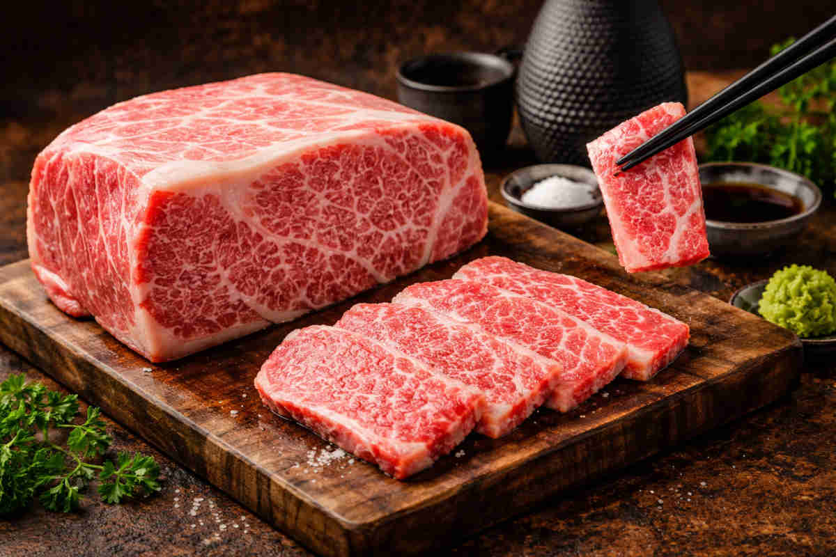 Carne Wagyu giapponese su tagliere di legno