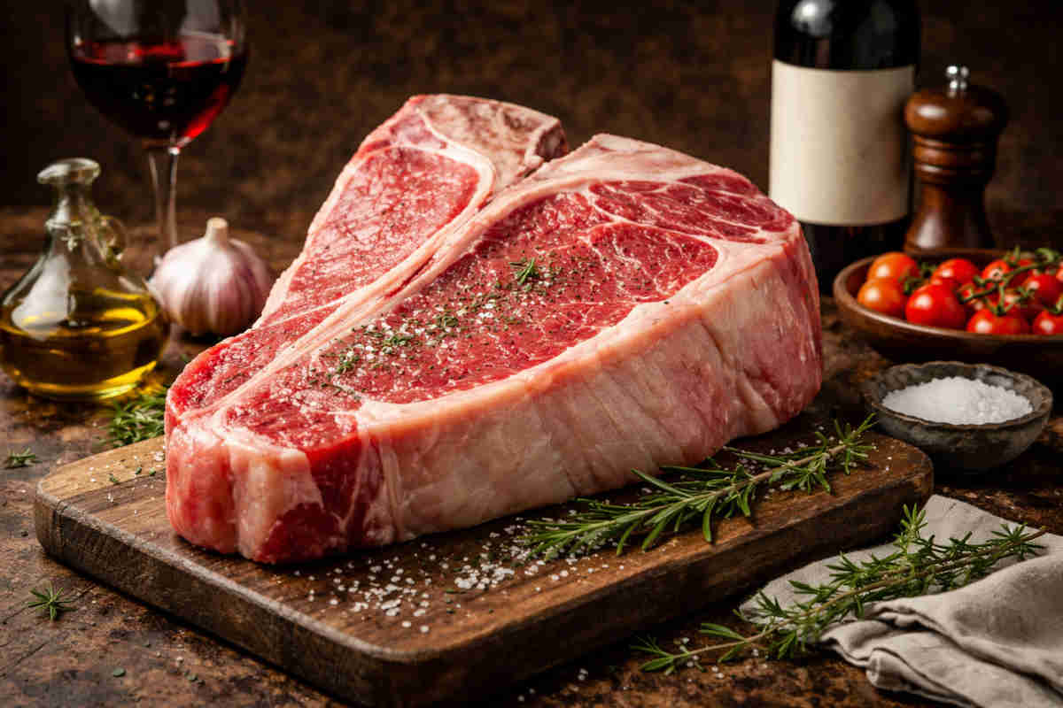 Bistecca di chianina su tagliere di legno