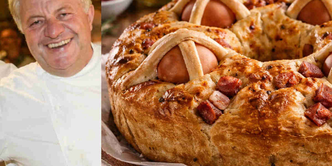Immagine di un casatiello salato napoletano con accanto la foto dello chef Peppe Guida