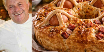 Immagine di un casatiello salato napoletano con accanto la foto dello chef Peppe Guida