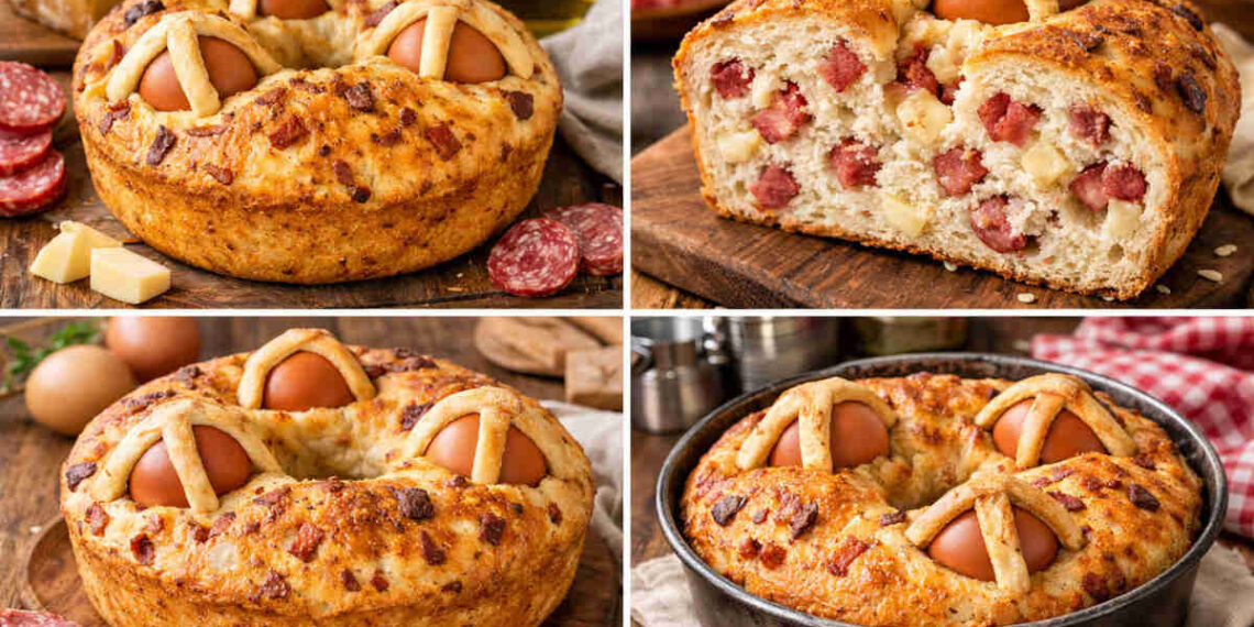 Casatiello senza glutine appoggiato su un tavolo di legno di una cucina rustica