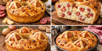 Casatiello senza glutine appoggiato su un tavolo di legno di una cucina rustica