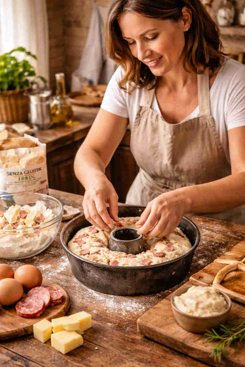 Ragazza in una cucina rustica che impasta un casatiello senza glutine