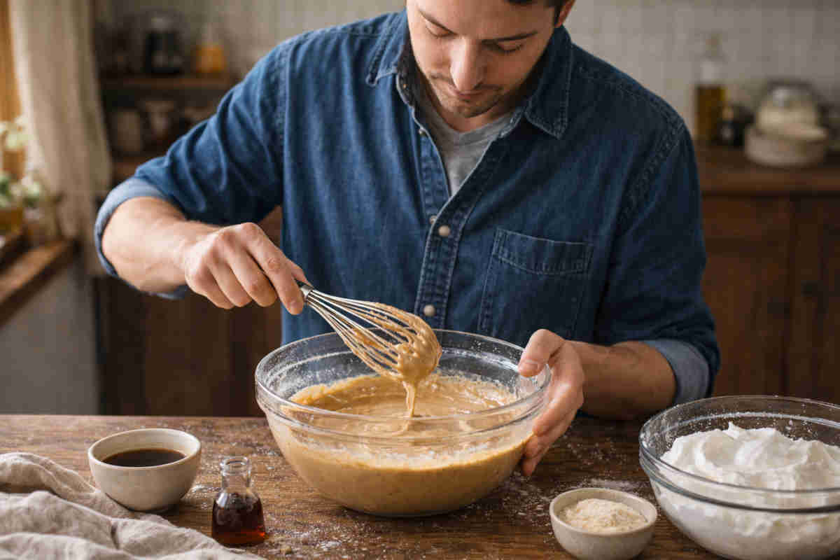 Ragazzo che prepara l'impasto di una chiffon cake caffè