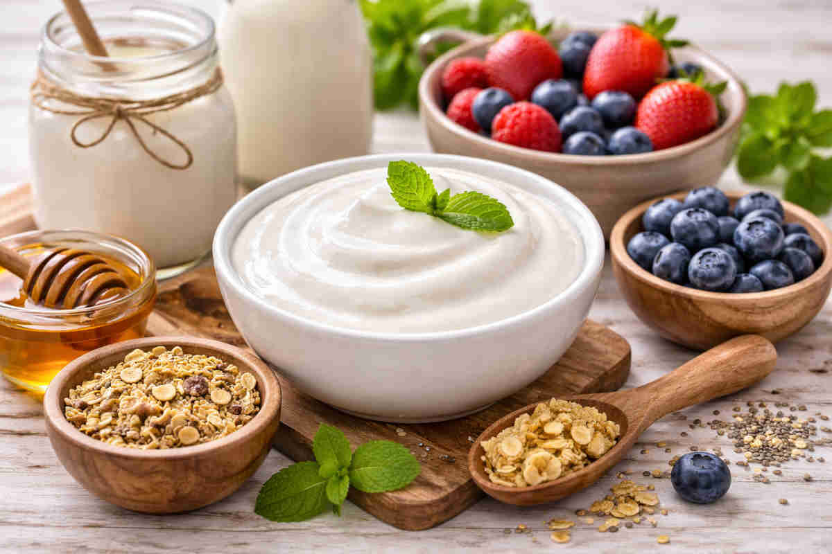 Yogurt per sgonfiare la pancia su tavolo di legno
