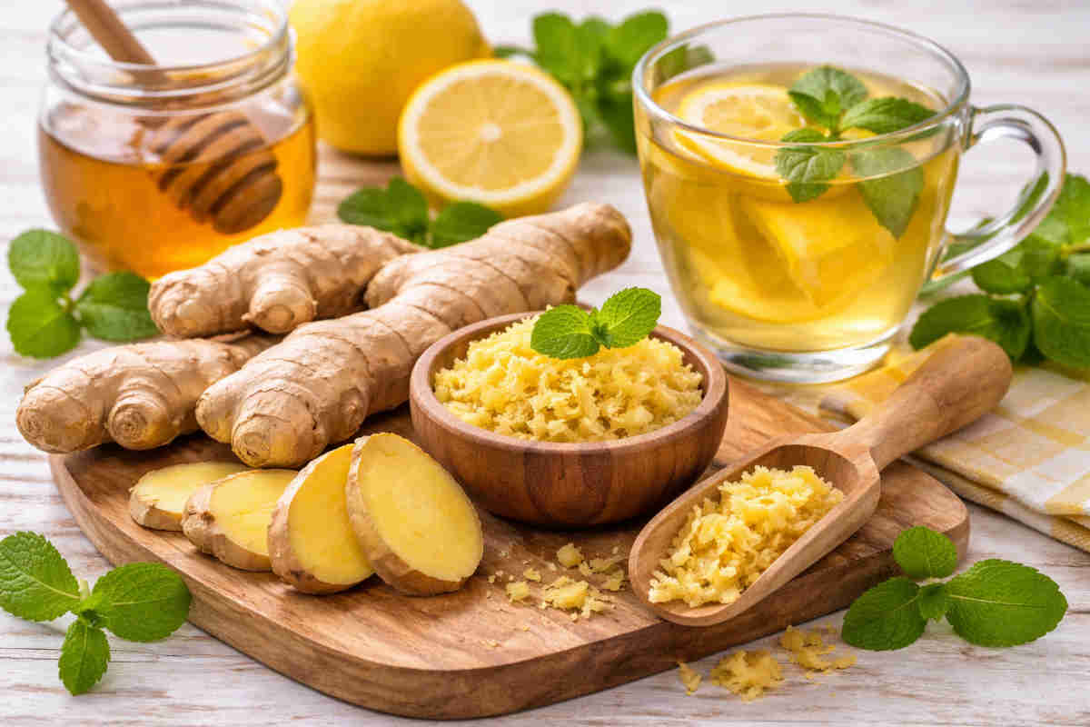 Zenzero per sgonfiare la pancia su tavolo di legno