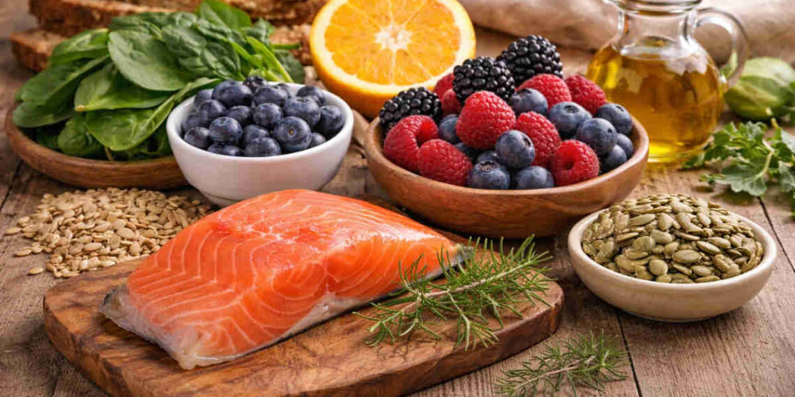 Tavola rustica in legno con alimenti salutari