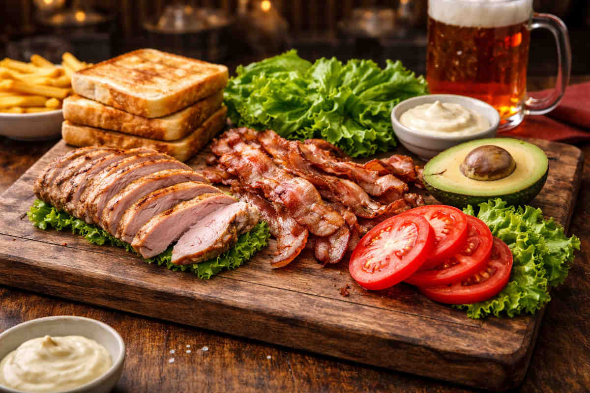 ingredienti per realizzare un club sandwiches joe bastianich su tagliere di legno