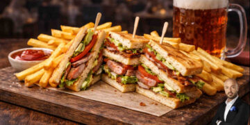 Club sandwiches di joe bastianich su tagliere di legno