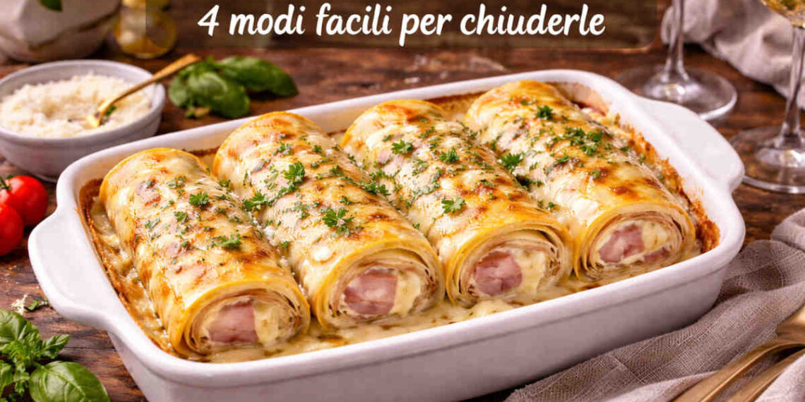 Pirofila da forno con all'interno delle crespelle arrotolate prosciutto e formaggio