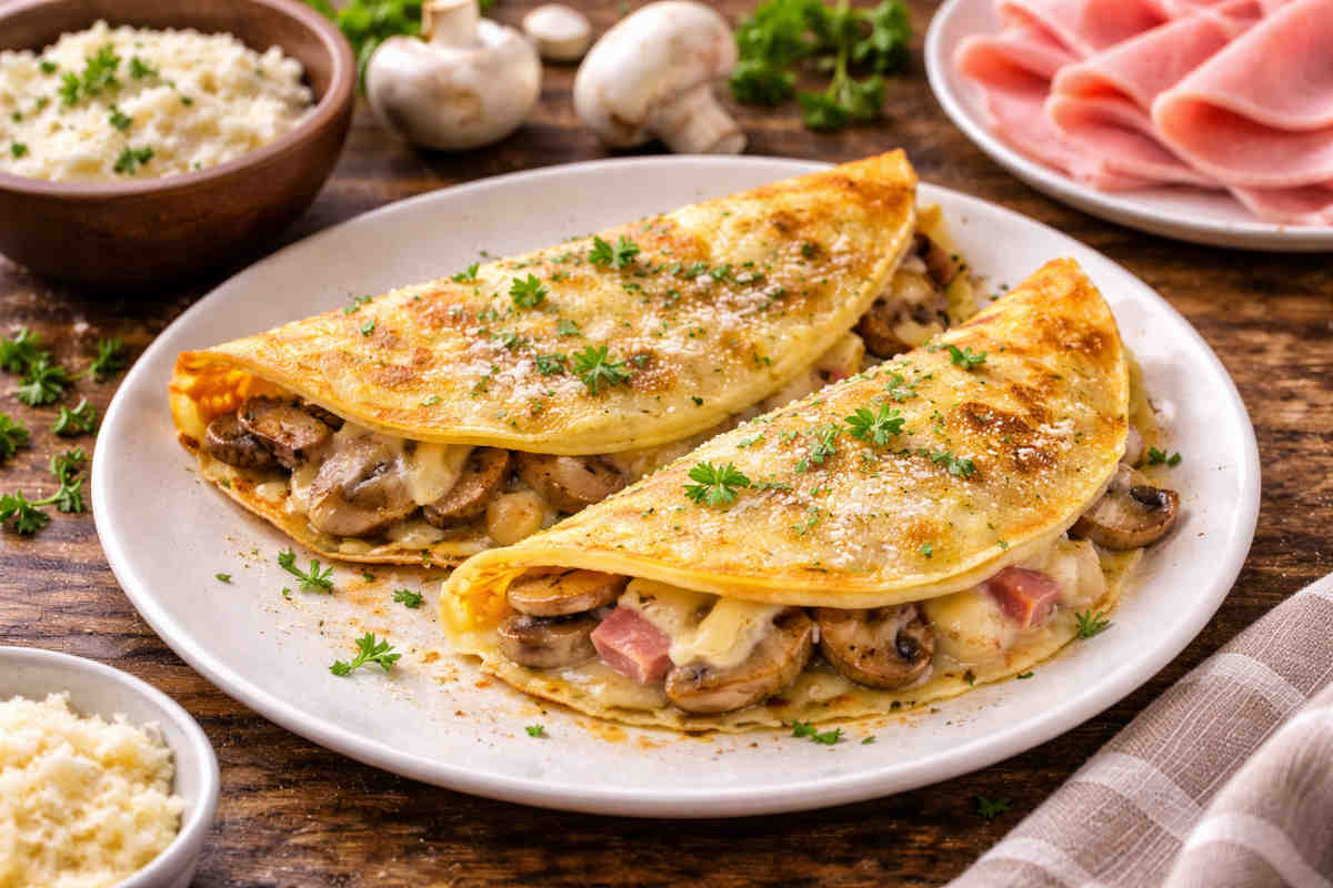 Crespelle salate chiuse a mezzaluna con funghi e prosciutto cotto