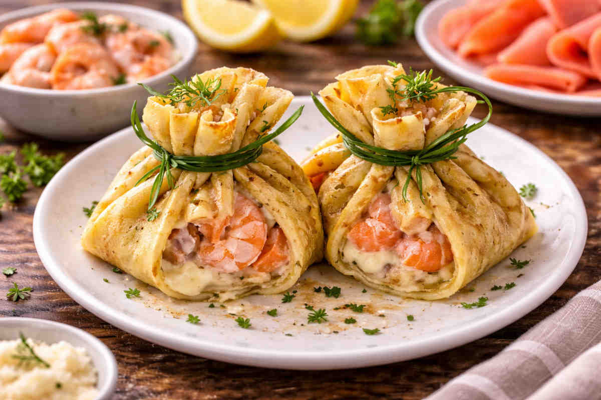 Crespelle salate di pesce chiuse a fagottino