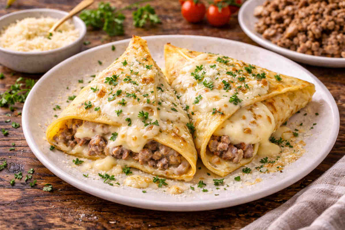 Crespelle salate besciamella e carne chiuse a triangolo