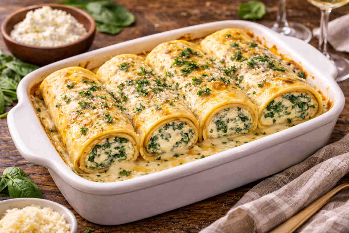Crepes salate arrotolate con spinaci e ricotta