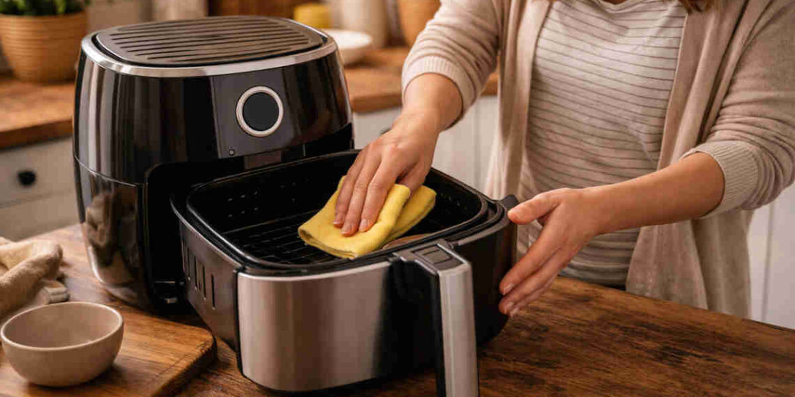 Ragazza che pulisce con un panno in microfibra la friggitrice ad aria