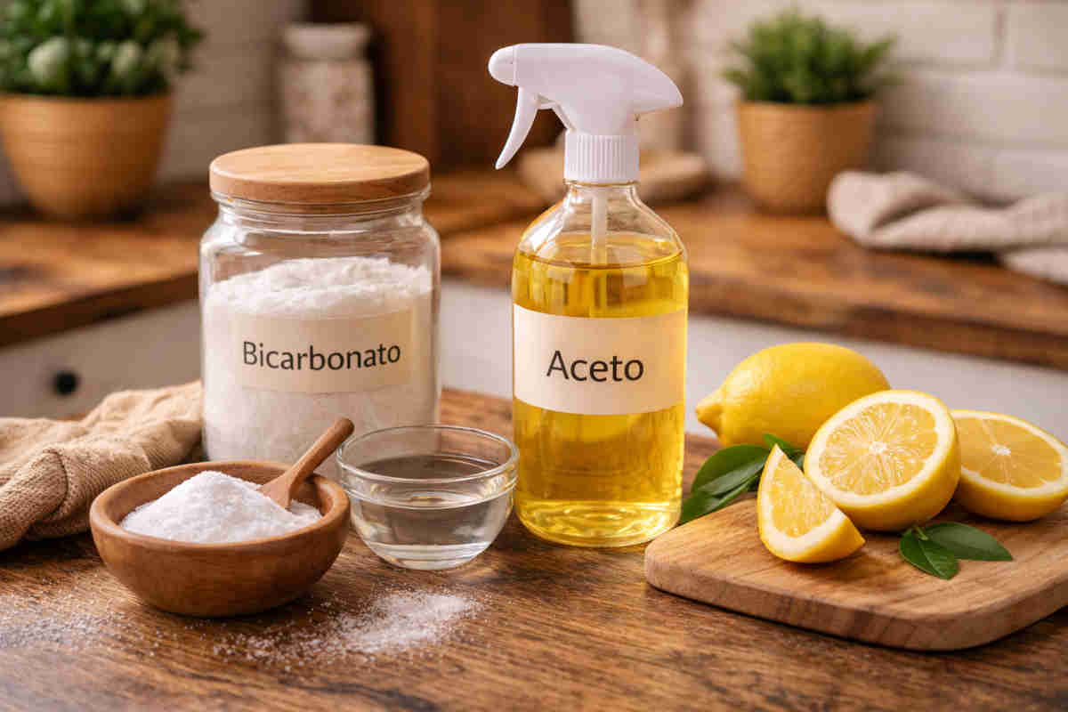 Ingredienti naturali utili per la pulizia della friggitrice ad aria su tavolo di legno