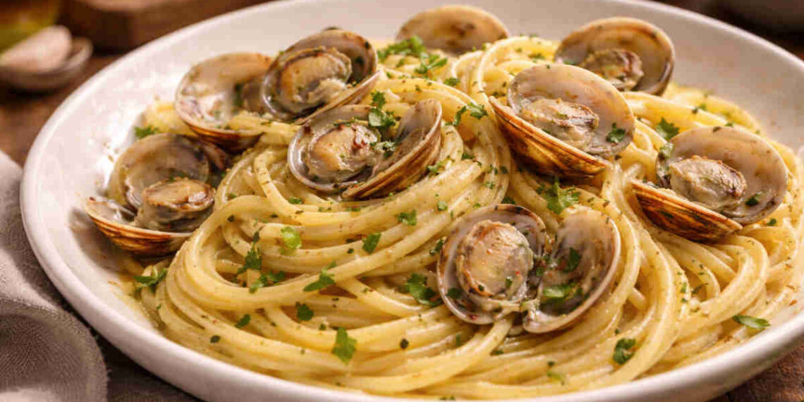 Piatto con degli spaghetti alle vongole cremosi e saporiti