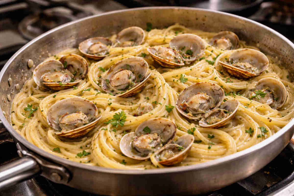Padella in acciaio con all'interno degli spaghetti alle vongole