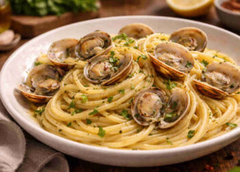 Piatto con degli spaghetti alle vongole cremosi e saporiti