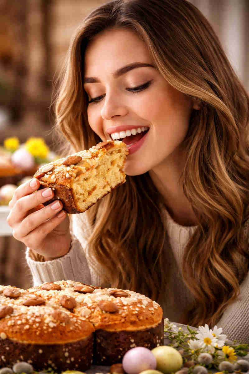 Ragazza che mangia una fetta di colomba pasquale