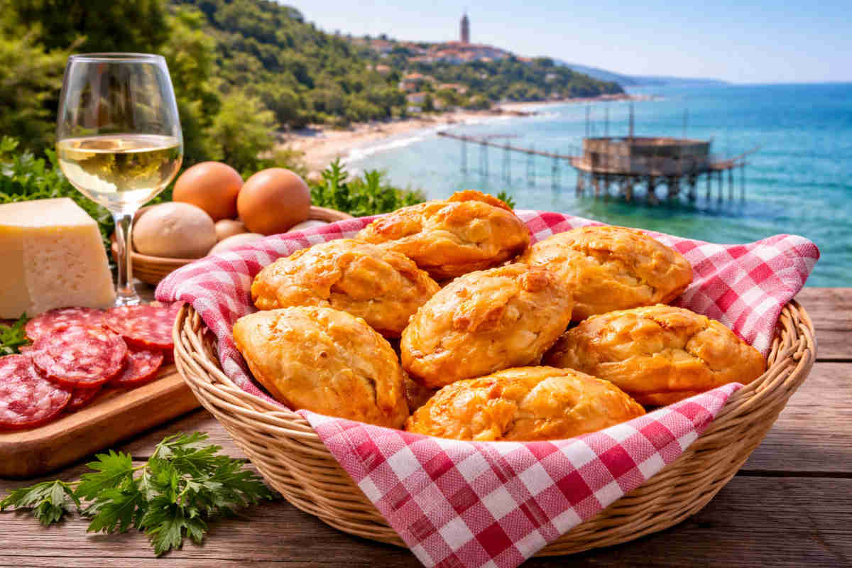 In primo piano un cesto con dei fiadoni abruzzesi e sullo sfondo la costa dei Trabocchi