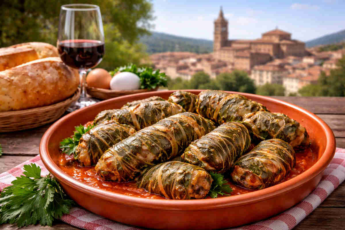 Piatto in coccio con all'interno le mazzarelle, un piatto tipico pasquale abruzzese