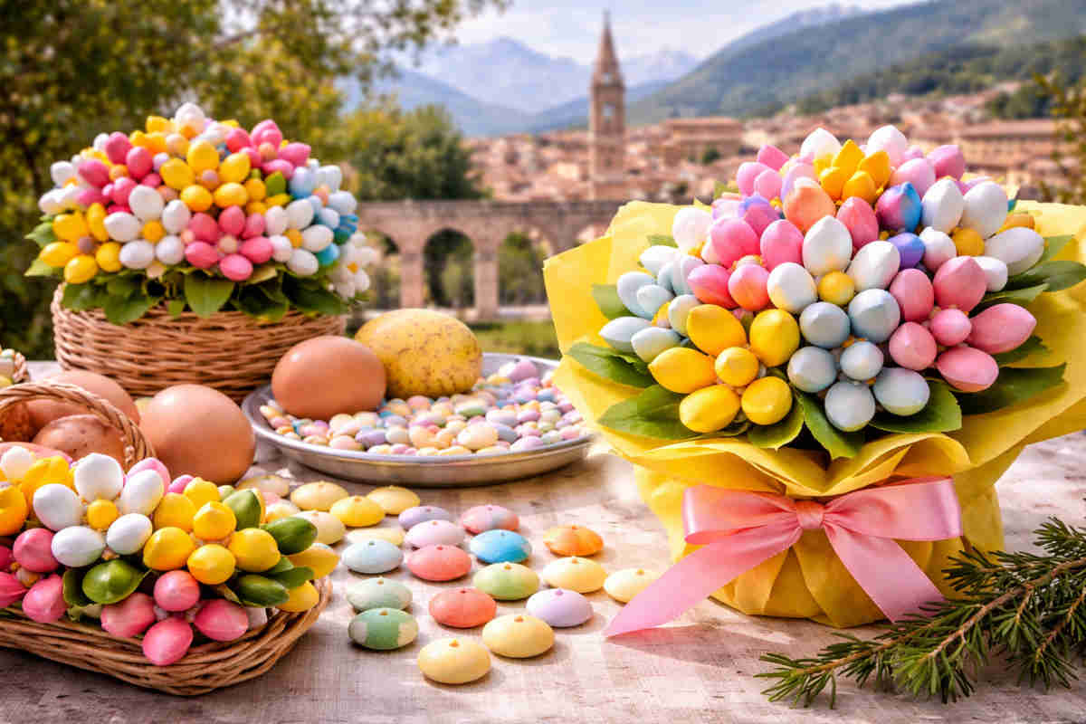 Confetti tipici di Sulmona a forma di fiore con elementi legati alla pasqua