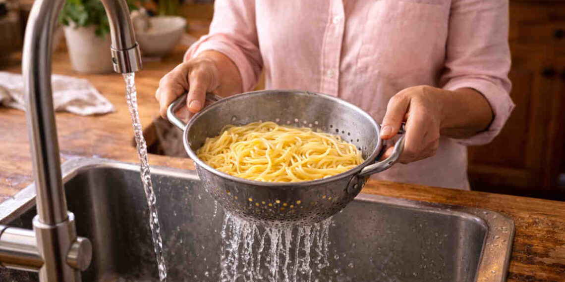 Donna che scola la pasta nel lavello