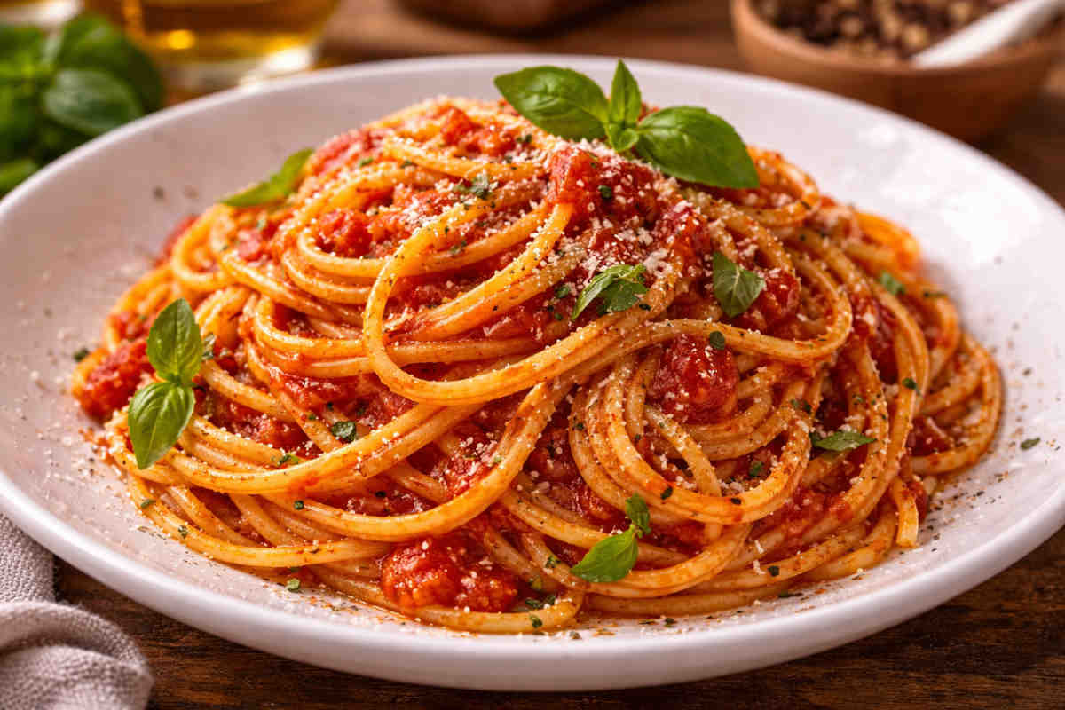 Piatto di spaghetti al pomodoro su tavolo di legno