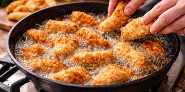 Mani femminili che friggono in una padella di olio bollente dei bastoncini di pollo