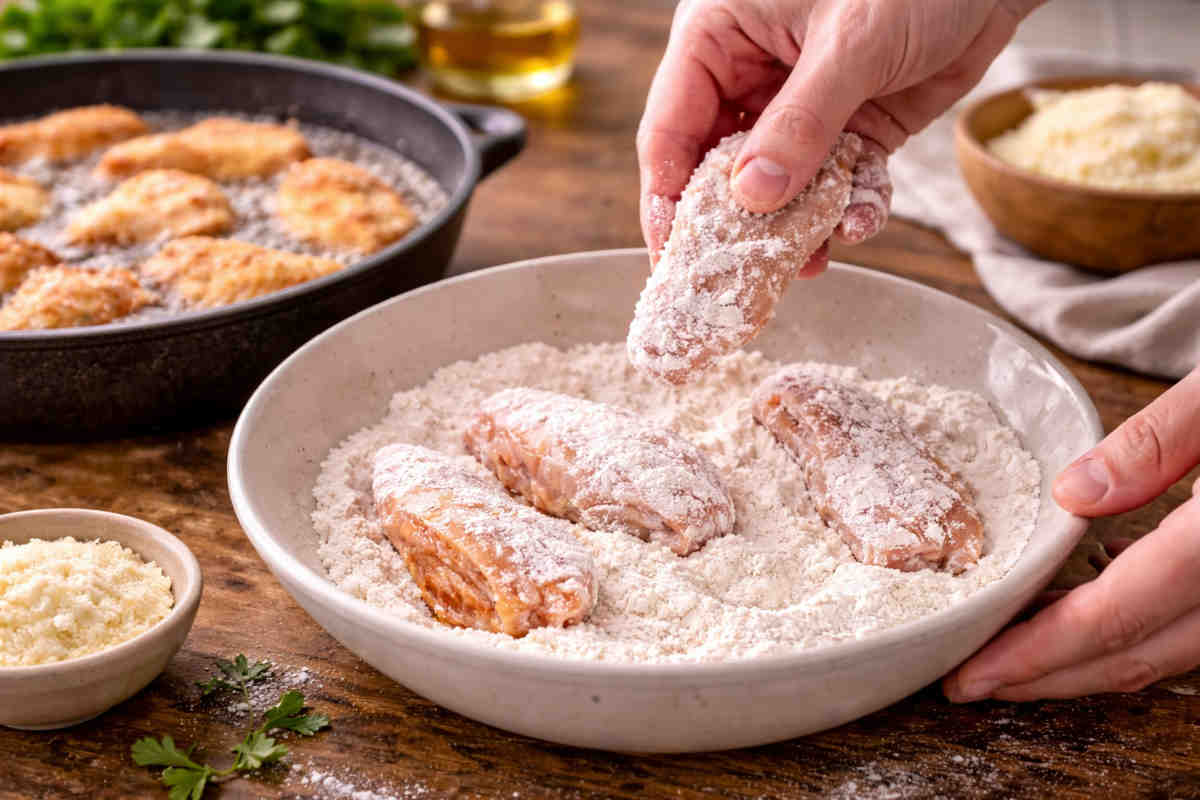 Mani femminile che infarinano dei pezzi di pollo prima di friggerli