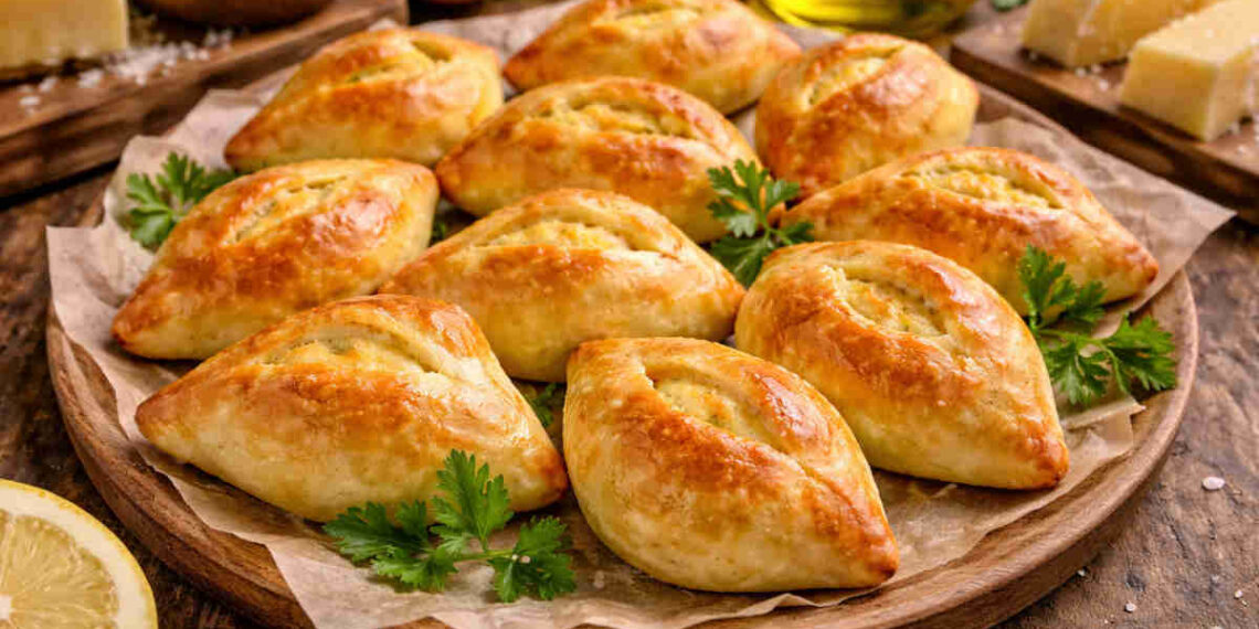 Fiadoni abruzzesi su piatto da portata sopra tavolo di legno