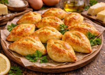 Fiadoni abruzzesi su piatto da portata sopra tavolo di legno