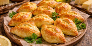 Fiadoni abruzzesi su piatto da portata sopra tavolo di legno