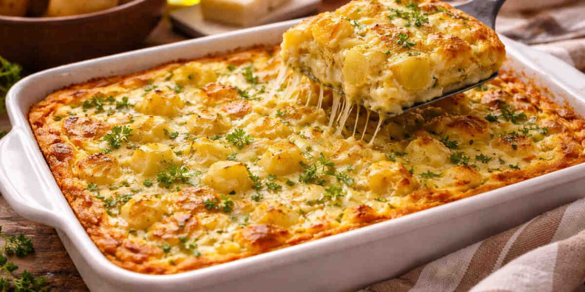 Frittata al forno patate formaggio in pirofila da forno appoggiata su tavolo di legno