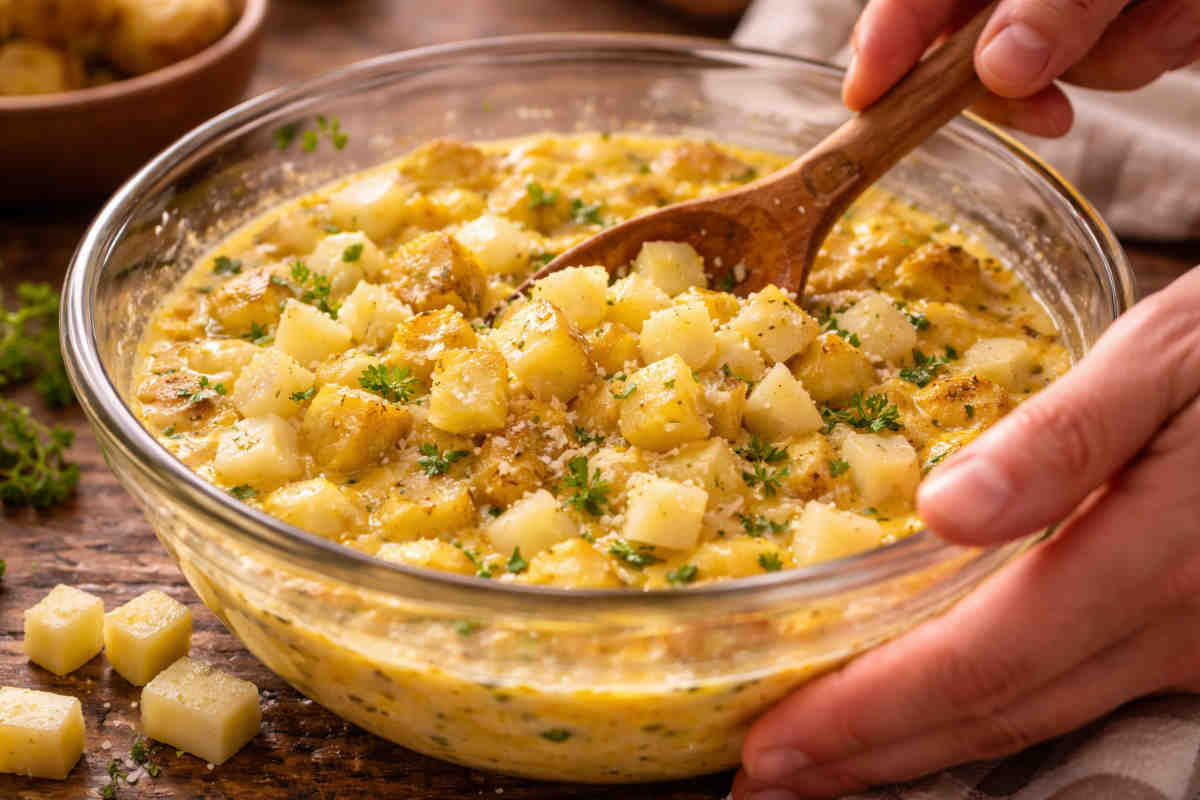 Ciotola di vetro con all'interno l'impasto per fare una frittata al forno patate formaggio