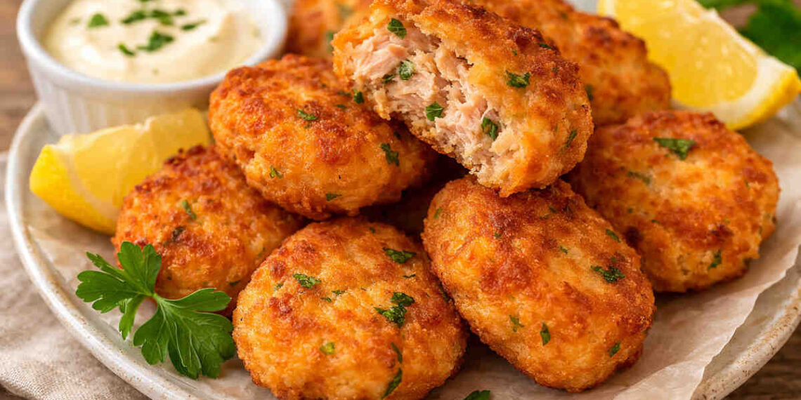 Piatto da portata con delle frittelle tonno e salsa yogurt in una ciotolina