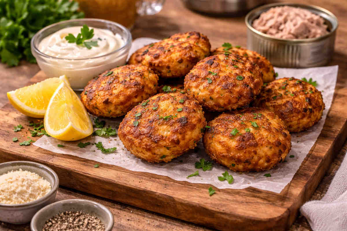Tagliere in legno con sopra delle frittelle di tonno