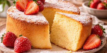 Ciambellone soffice decorato con zucchero a velo e fragole fresche