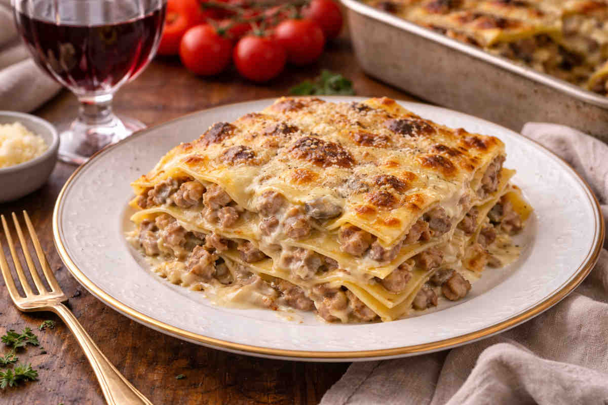 Lasagna funghi salsiccia in un piatto su tavola apparecchiata