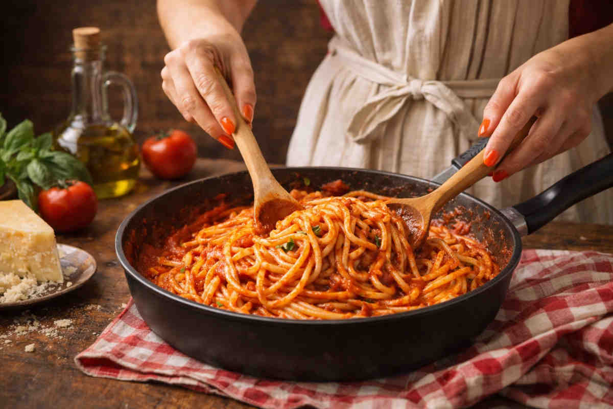 Donna che prepara in una cucina rustica degli spaghetti al pomodoro